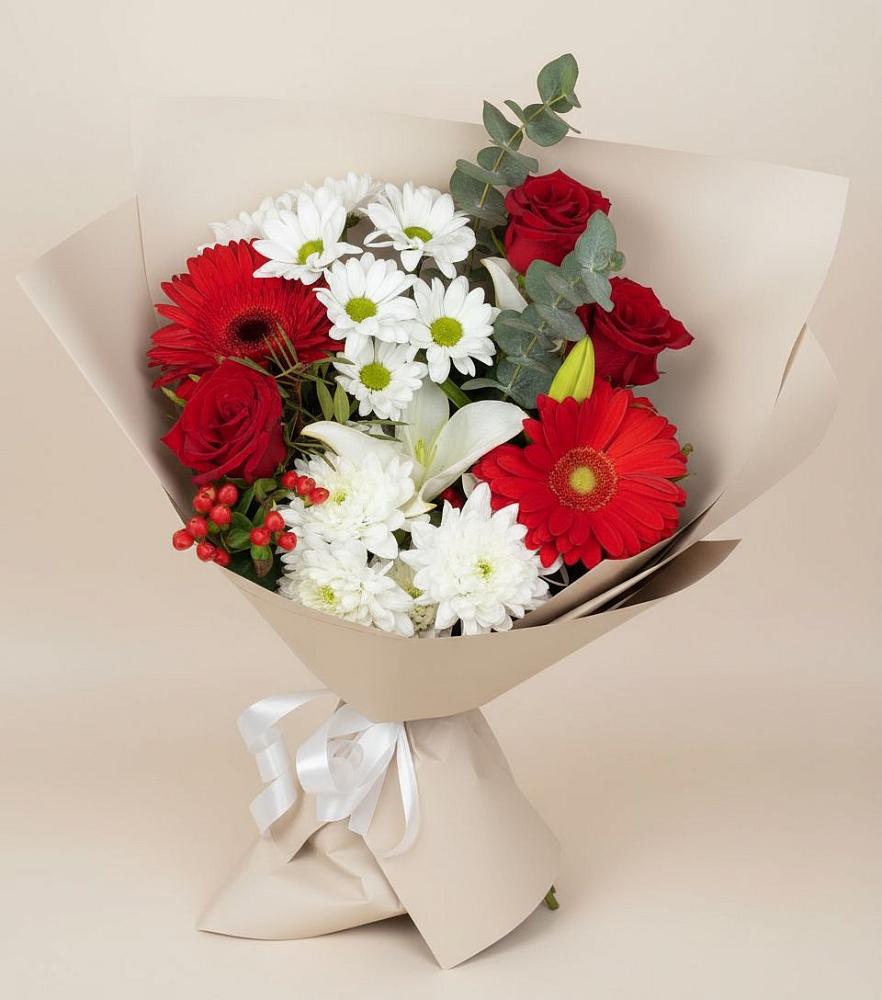 Букет цветов из: Розы, Хризантемы, Герберы и Лилии в Тарногском Городке