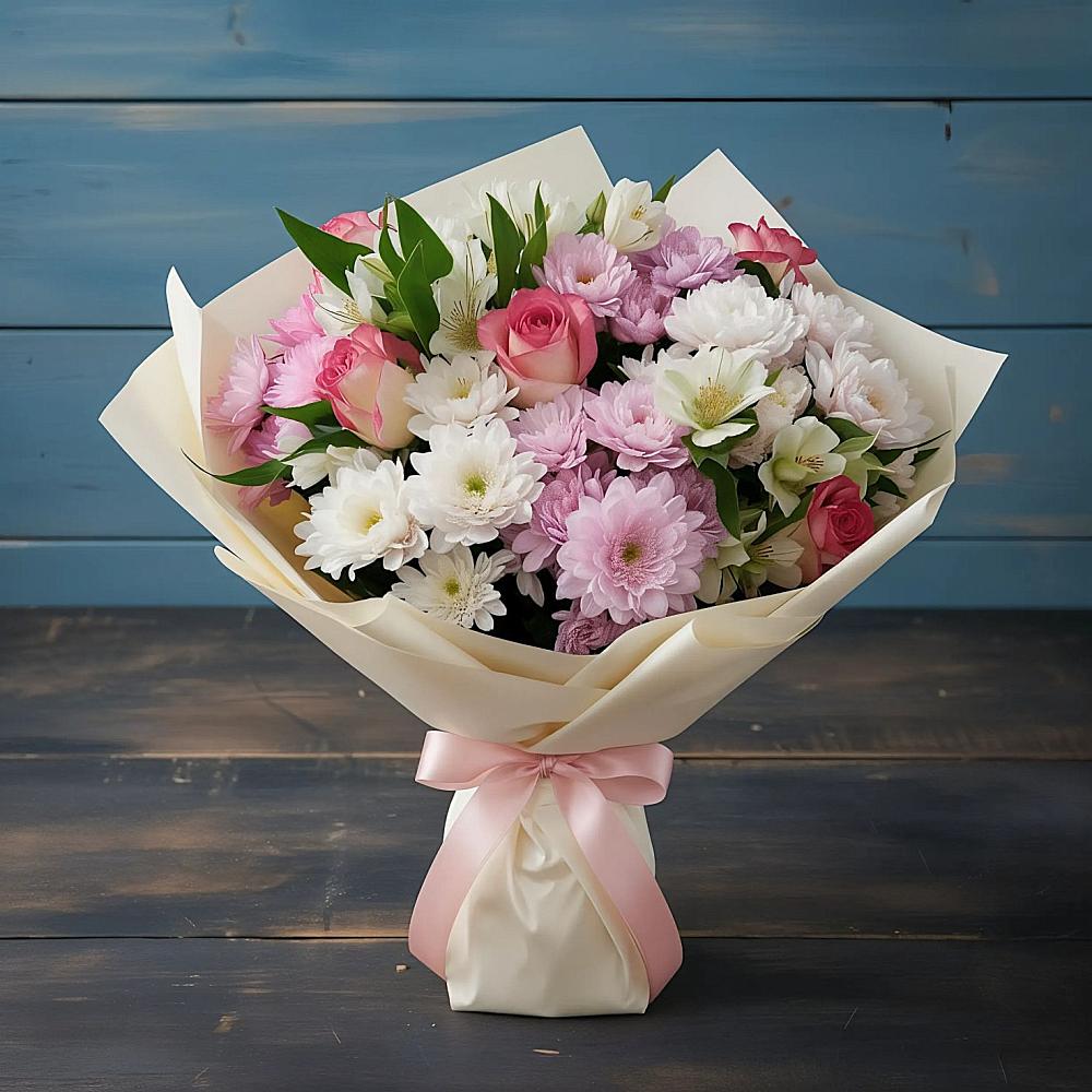 Букет цветов из: Хризантемы, Альстромерии и Розы в Тарногском Городке